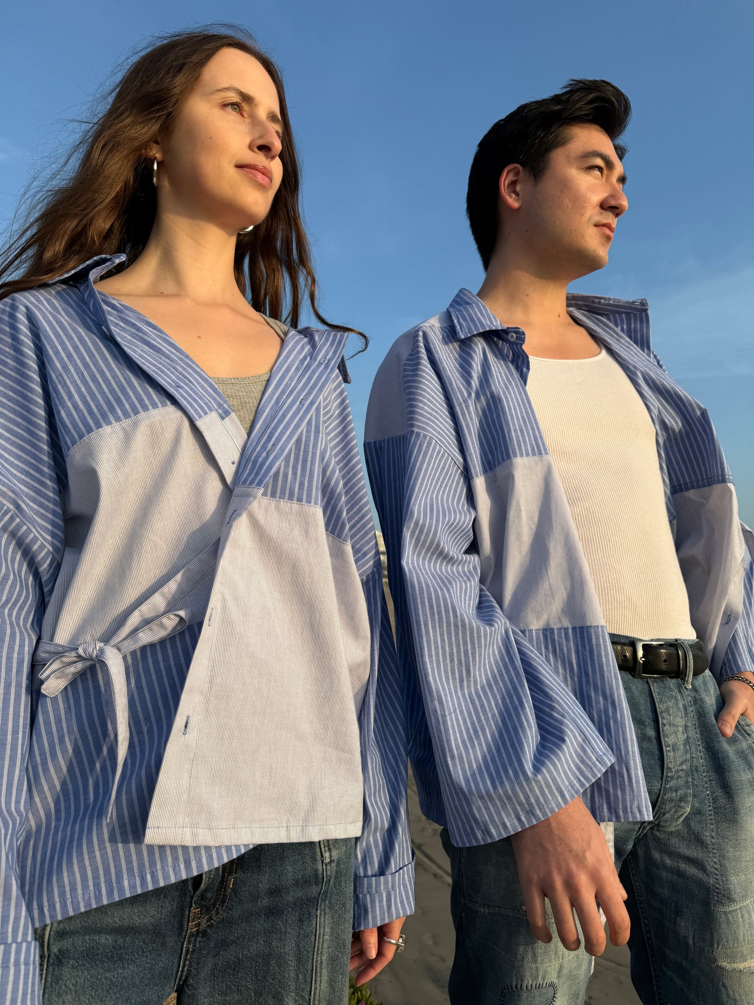 Striped Tie Shirt Kimono - Unisex blue striped wrap - Patchwork cotton - Made in LA