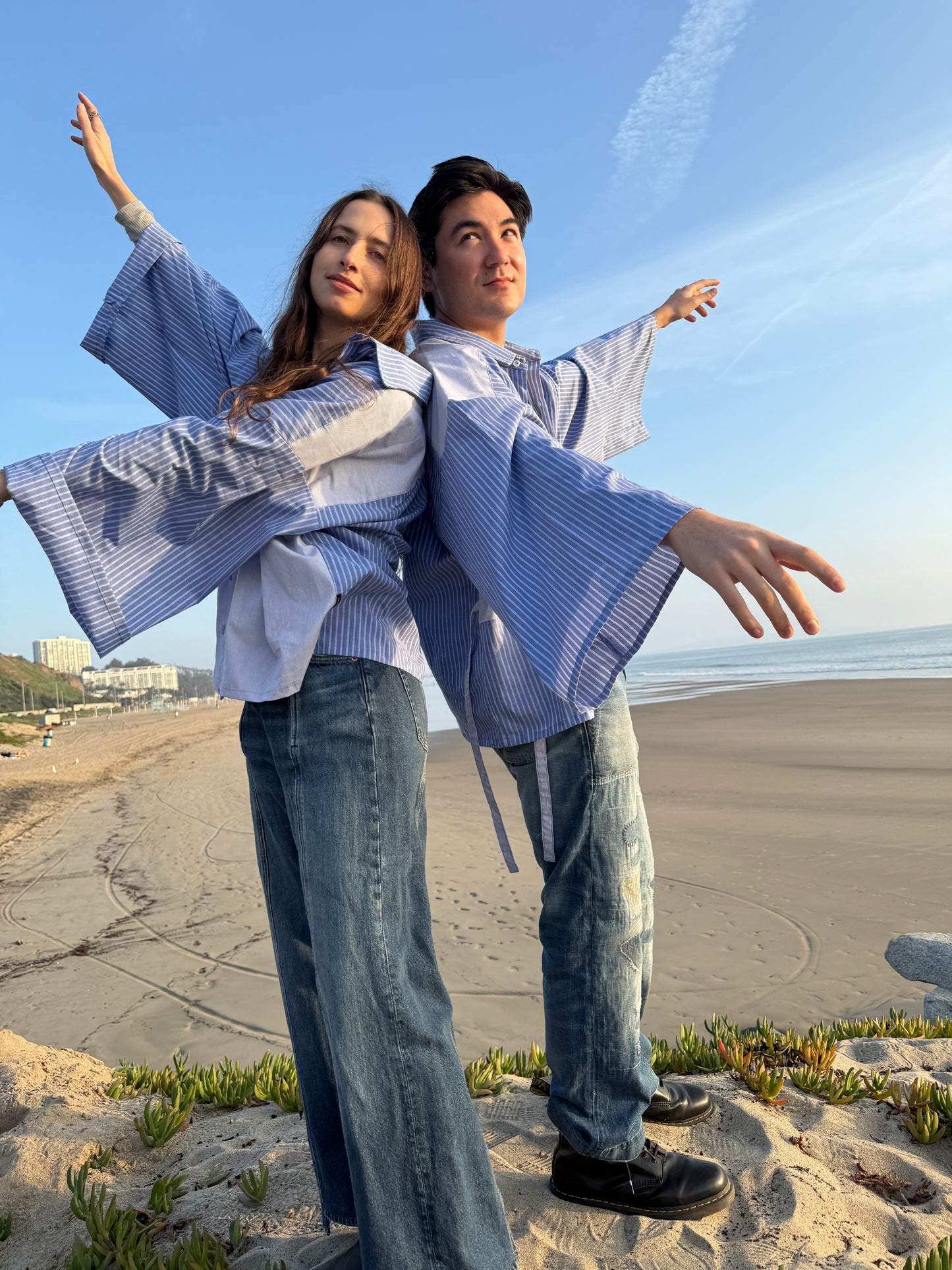 Striped Tie Shirt Kimono - Unisex blue striped wrap - Patchwork cotton - Made in LA