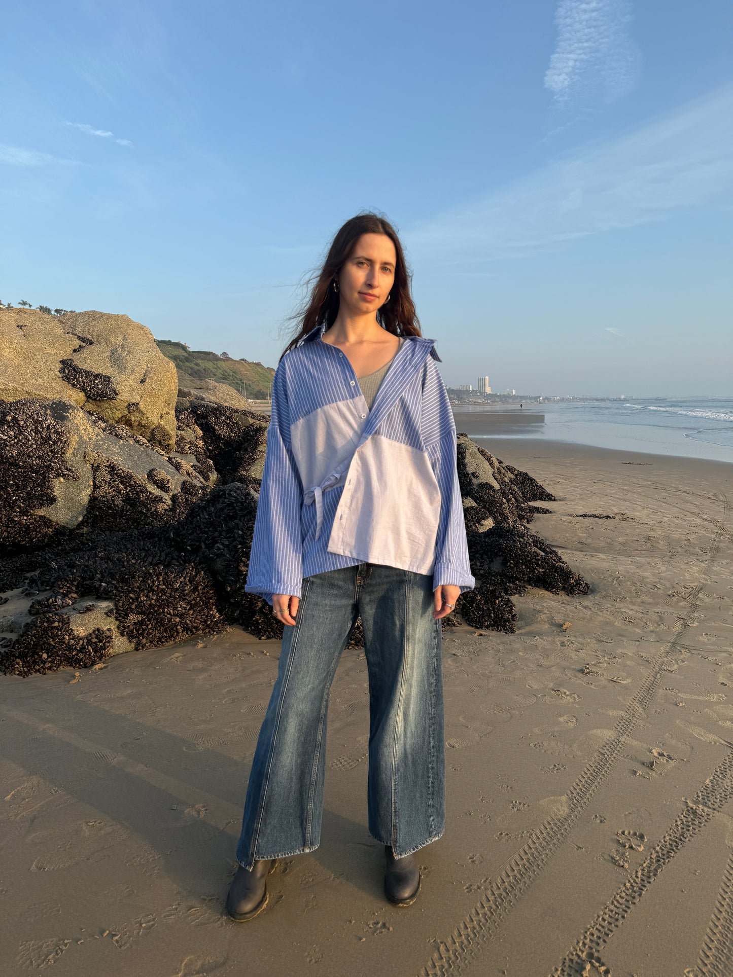 Striped Tie Shirt Kimono - Unisex blue striped wrap - Patchwork cotton - Made in LA