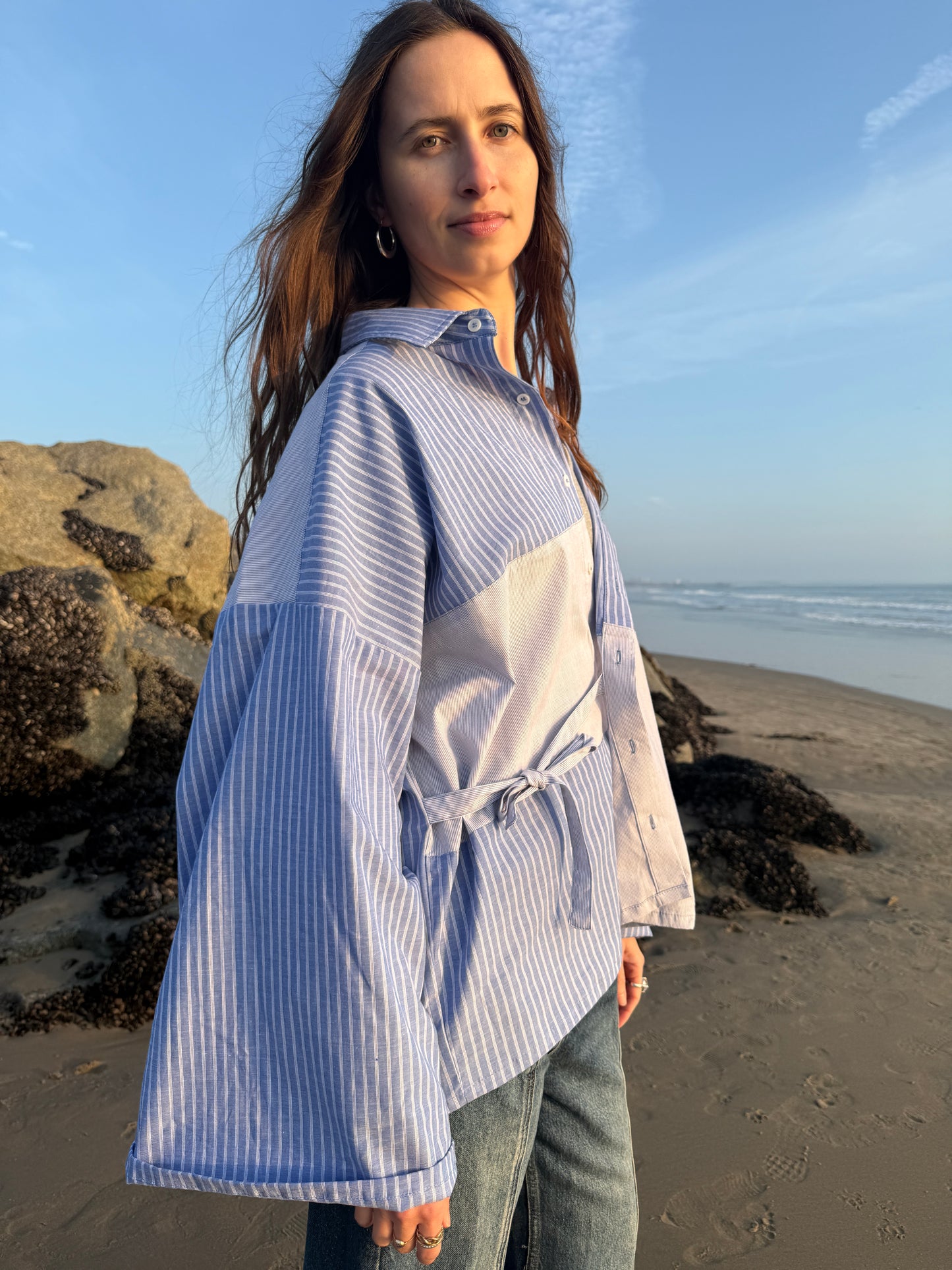 Striped Tie Shirt Kimono - Unisex blue striped wrap - Patchwork cotton - Made in LA