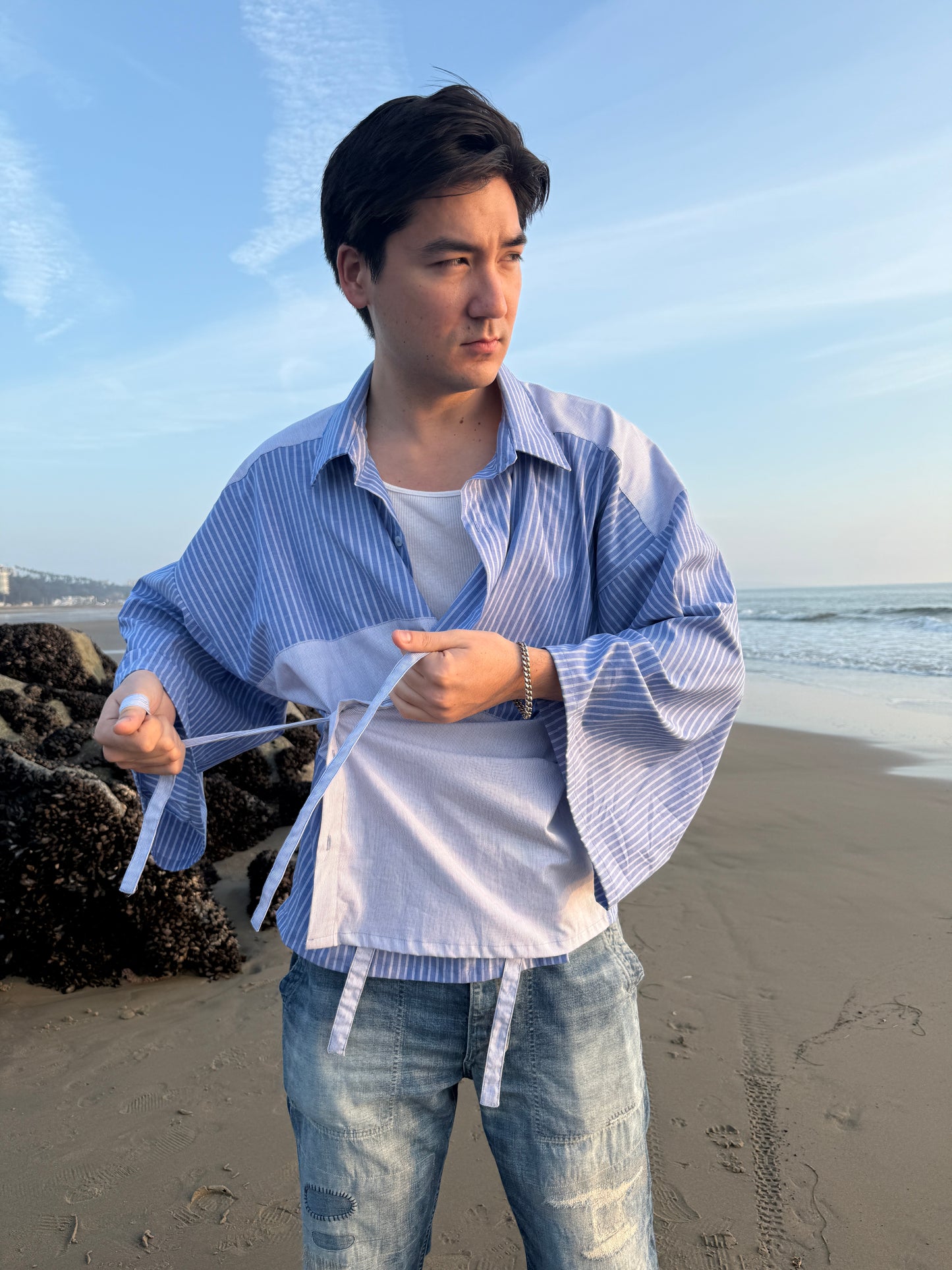 Striped Tie Shirt Kimono - Unisex blue striped wrap - Patchwork cotton - Made in LA