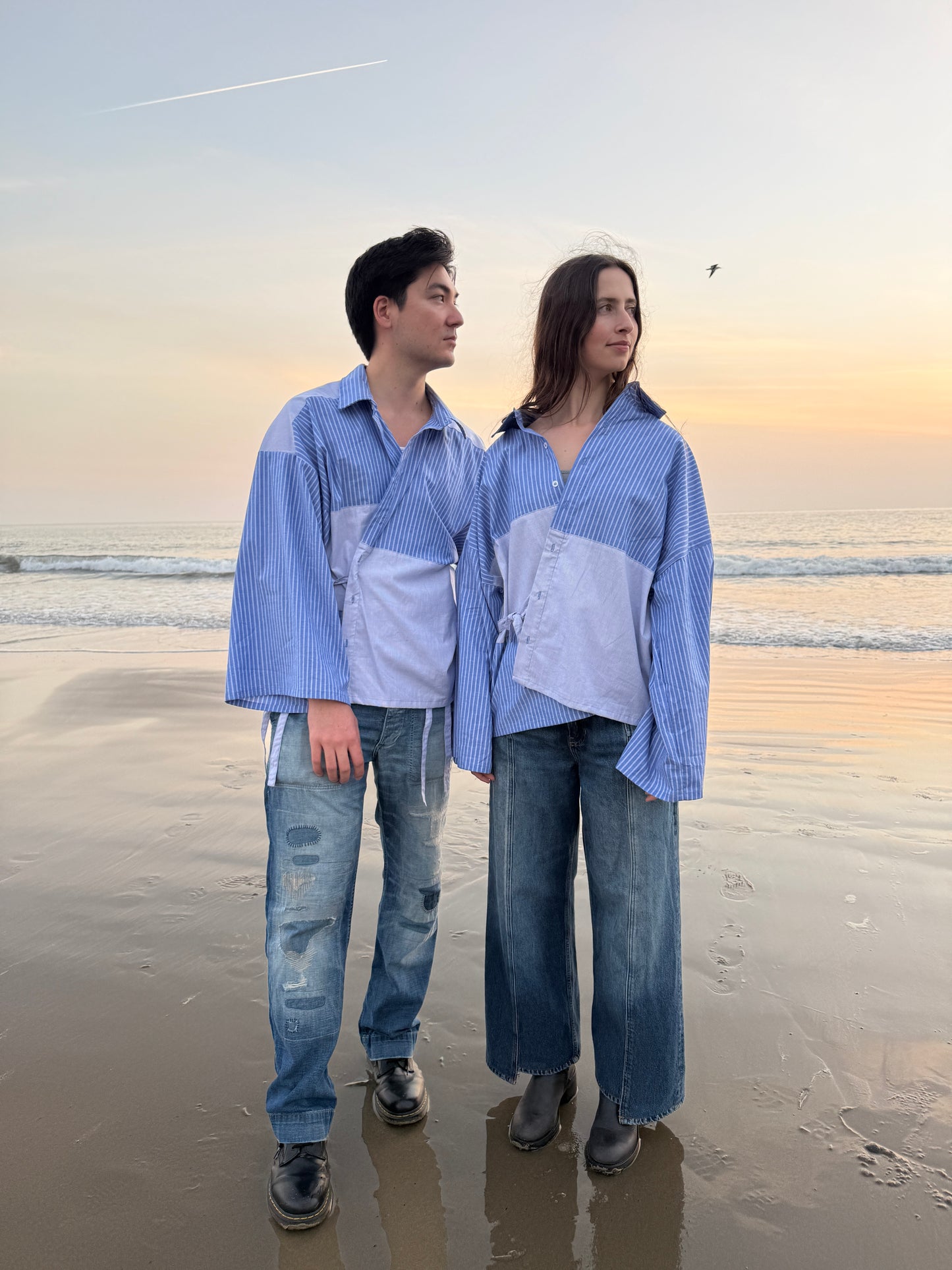 Striped Tie Shirt Kimono - Unisex blue striped wrap - Patchwork cotton - Made in LA