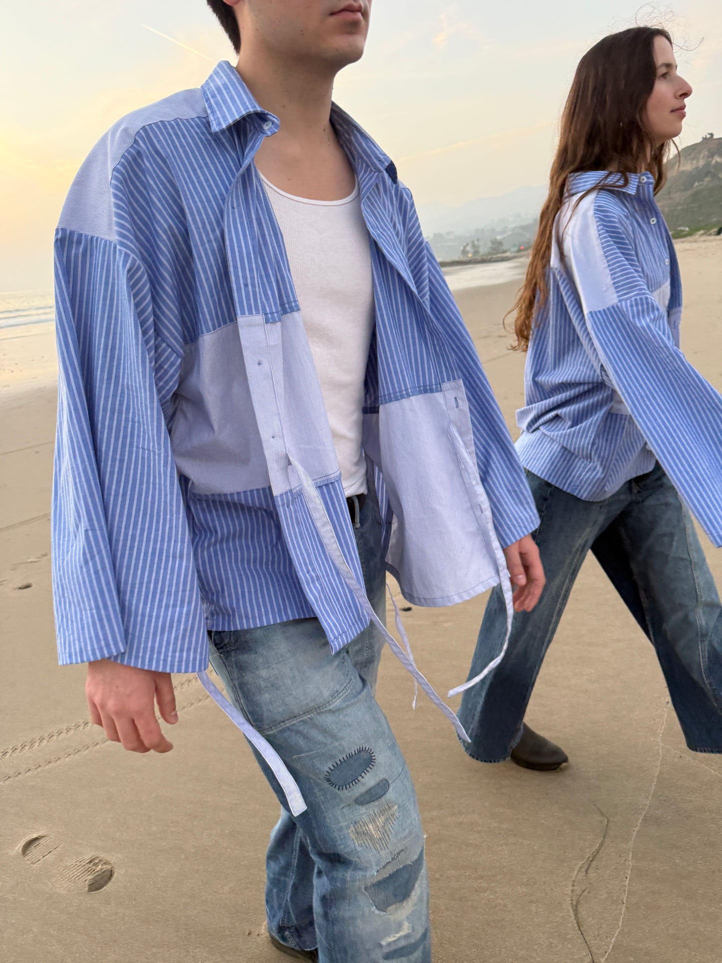 Striped Tie Shirt Kimono - Unisex blue striped wrap - Patchwork cotton - Made in LA