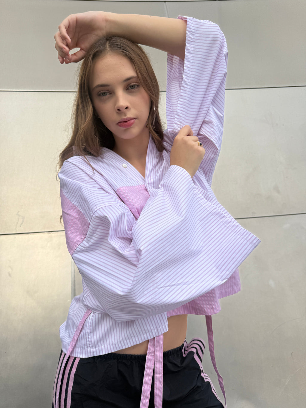Striped button up tie shirt. PINK