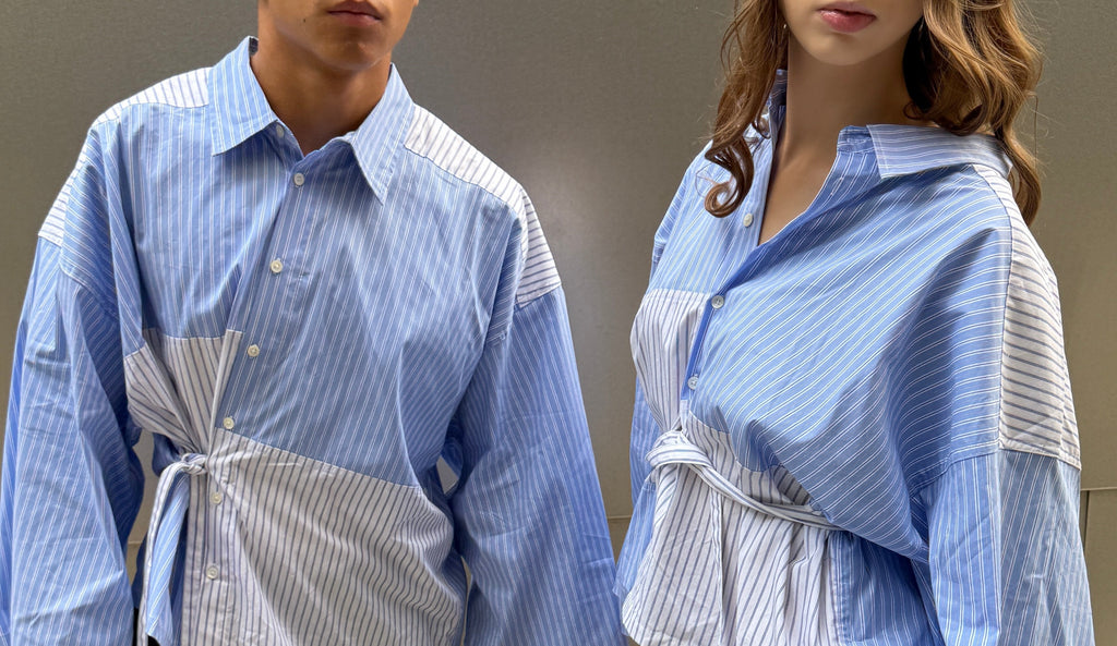 Striped button up tie shirt. Blue