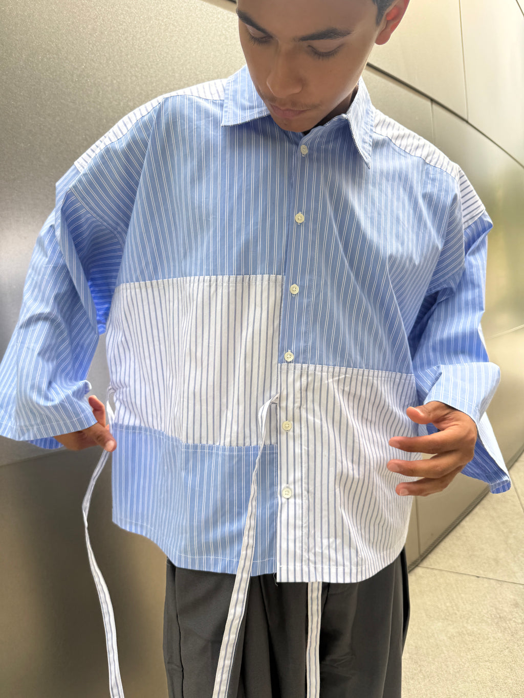 Striped button up tie shirt. Blue