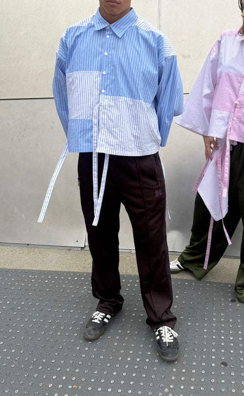 Striped button up tie shirt. Blue