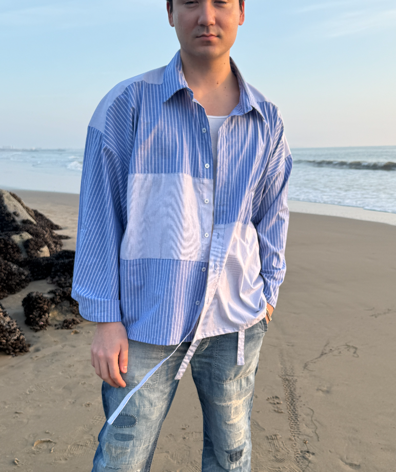 Striped Tie Shirt Kimono - Unisex blue striped wrap - Patchwork cotton - Made in LA