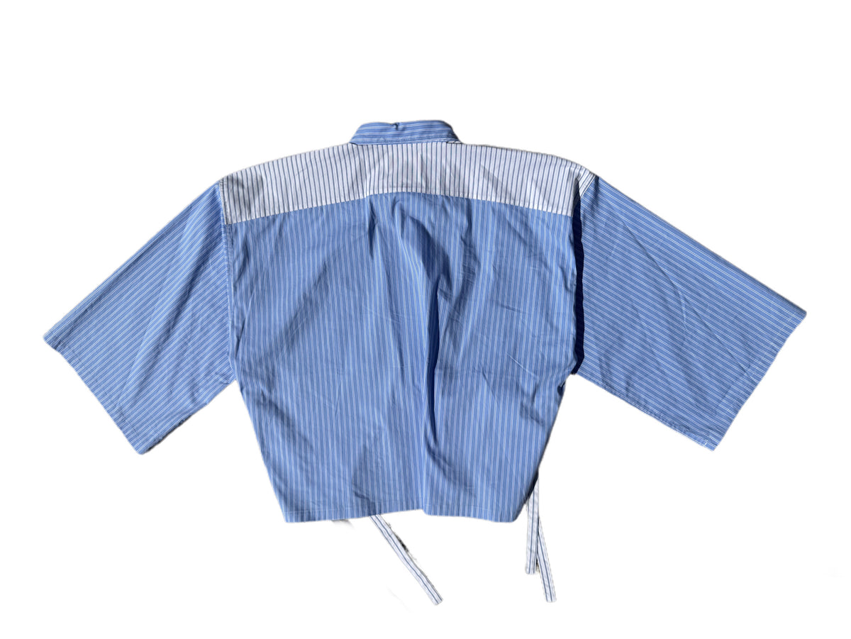 Striped button up tie shirt. Blue